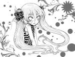  1girl :p bare_shoulders blush cupudotexe flower greyscale hair_flower hair_ornament kodomo_no_jikan kokonoe_rin long_hair looking_at_viewer monochrome smile solo striped tongue tongue_out tukimin twintails 