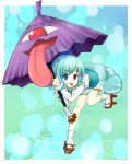  :p blue_door blue_hair heterochromia karakasa karakasa_obake leaning_forward legs red_eyes short_hair solo tatara_kogasa tongue touhou umbrella 