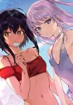  2girls black_hair blue_eyes breasts clouds dark_skin flower hair_ornament highres konbu_wakame lavender_hair long_hair looking_at_viewer multiple_girls short_hair sky smile swimsuit x_hair_ornament yellow_eyes 