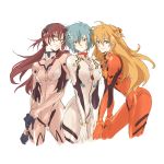  aqua_eyes ayanami_rei blue_eyes blue_hair bodysuit brown_hair evangelion:_2.0_you_can_(not)_advance glasses gori_matsu hairband hand_on_thigh leaning_forward long_hair makinami_mari_illustrious multiple_girls neon_genesis_evangelion orange_hair plugsuit rebuild_of_evangelion red_eyes shikinami_asuka_langley short_hair simple_background skin_tight smile souryuu_asuka_langley standing wink 