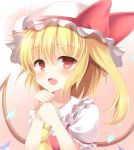  1girl blonde_hair blush fang flandre_scarlet hat looking_at_viewer open_mouth pen-zin red_eyes side_ponytail solo touhou wings 