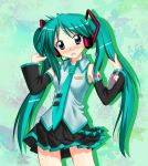  armpits bare_shoulders blue_eyes blush cosplay d: detached_sleeves green_hair hatsune_miku hatsune_miku_(cosplay) headphones headset hiiragi_kagami long_hair lucky_star microphone necktie nervous pleated_skirt s.t. skirt solo tsurime twintails vocaloid 