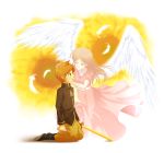 angel_wings arano_hachi boots brown_hair claus dress feathers flower ghost head_hold hinawa kneeling long_hair mother_(game) mother_3 mother_and_son orange_hair spoilers sunflower sword tears weapon wings 