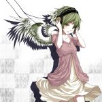  cable dress green_hair headphones highres original ryou@ryou short_hair solo wings yellow_eyes 