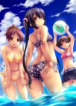  absurdres adjusting_swimsuit arms_up ass ball beachball belt bikini black_hair breasts brown_eyes brown_hair highres hirasawa_ui k-on! long_hair looking_back multiple_girls nagayori nakano_azusa navel ocean polka_dot polka_dot_bikini polka_dot_swimsuit ponytail short_hair short_twintails side-tie_bikini sky suzuki_jun swimsuit twintails water wet 