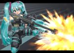  aqua_eyes aqua_hair boots bullpup casing_ejection elbow_gloves fingerless_gloves firing gloves gun hase_yu hatsune_miku headset knee_pads kneeling long_hair m82 m82a2 muzzle_flash open_mouth operator rifle scope shell_casing sniper_rifle twintails vertical_foregrip very_long_hair vocaloid weapon 