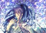  blue_eyes highres japanese_clothes kamui_gakupo kimono leaf long_hair male ponytail purple_hair shijuu_hachi solo vocaloid 
