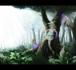  closed_eyes dryad forest green_hair highres nature original plant_girl rain red_eyes tree un 