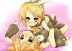  1girl blonde_hair blush couple girl_on_top hair_ornament hair_ribbon hairclip incest kagamine_len kagamine_rin lying ribbon siblings tensousui twincest twins vocaloid you_gonna_get_raped 