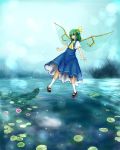  :d ascot bow daiyousei fairy flower green_eyes green_hair hair_bow kneehighs lily_(flower) lily_pad mary_janes open_mouth shoes short_hair side_ponytail smile socks solo touhou water white_kneehighs white_legwear wings yoshitsuna 