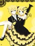  ai_(kuroha-chan) bad_id bare_shoulders blonde_hair blue_eyes bowtie carrying dress elbow_gloves flower gloves highres kagamine_len kagamine_rin kuroha_ai princess_carry rose short_hair siblings smile twins vocaloid yellow 