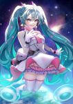  1girl :d absurdres aryuma772 bangs blue_eyes blue_hair blush braid eyebrows_visible_through_hair floating_hair full_body gloves hair_between_eyes hatsune_miku highres jacket layered_skirt long_hair miniskirt multicolored_clothes multicolored_skirt open_mouth pink_skirt purple_skirt shiny shiny_clothes shiny_legwear skirt sleeveless sleeveless_jacket smile solo space thigh-highs twintails very_long_hair vocaloid white_gloves white_jacket white_legwear white_skirt yellow_skirt 