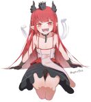  1girl at2. black_gloves blush character_request copyright_request crown eyebrows_visible_through_hair fangs gloves highres horns long_hair looking_at_viewer open_mouth pointy_ears red_eyes redhead smile solo teeth twitter_username 