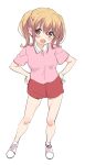  1girl :d blonde_hair blush contrapposto copyright_request full_body highres looking_at_viewer open_mouth pink_shirt red_eyes red_shorts shirt shoes short_sleeves shorts simple_background sincos smile solo twintails white_background white_footwear 
