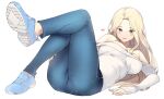  1girl absurdres alternate_costume blonde_hair breasts character_request commission denim dungeon_and_fighter gogoco heart highres jeans knees_up large_breasts long_hair lying off-shoulder_shirt off_shoulder pants shirt shoes sneakers straight_hair 
