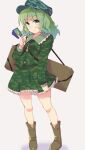  1girl backpack bag blue_headwear boots brown_footwear camouflage camouflage_headwear camouflage_shirt camouflage_skirt commentary_request flat_cap frilled_shirt_collar frills full_body green_hair green_headwear hat highres kappa key long_sleeves medium_hair midriff_peek shirt skirt skirt_set standing touhou utakata_(azaka00) yamashiro_takane 