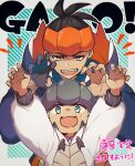  2boys :d alternate_color arms_up blush claw_pose commentary_request earrings fangs gloves green_eyes hands_up headband hood hood_down hoodie jewelry long_sleeves male_focus multiple_boys open_mouth orange_headband partially_fingerless_gloves pokemon pokemon_(game) pokemon_masters_ex pokemon_swsh raihan_(pokemon) shiosaki_mato single_glove smile teeth tongue upper_body white_hoodie younger 