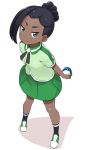  1girl abe_kanari black_hair black_legwear black_ribbon closed_mouth commentary_request dark-skinned_female dark_skin full_body great_ball green_footwear green_shirt green_skirt grey_eyes hair_bun holding holding_poke_ball neck_ribbon pleated_skirt poke_ball pokemon pokemon_(game) pokemon_sm ribbon rising_star_(pokemon) shirt shoes short_hair short_sleeves skirt smile socks solo split_mouth standing 