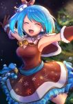  1girl absurdres android armpits bangs breasts christmas christmas_tree closed_eyes gloves highres long_hair medium_breasts mega_man_x_dive official_alternate_costume open_mouth rico_(mega_man) smile solo terotero00 