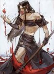  1other black_choker black_hair blood choker fingerless_gloves from_side gloves grey_background guilty_gear guilty_gear_x guilty_gear_xx long_hair looking_away red_eyes scythe simple_background solo straight_hair testament_(guilty_gear) uncle_rabbit_ii 