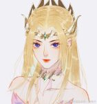  1girl bare_shoulders blonde_hair douluo_dalu dress expressionless forehead_protector hair_ornament long_hair looking_at_viewer qian_renxue_(douluo_dalu) tiantian_du_yao_kai_ni_tou_che_chuang_ren_de_ming_wu weibo_id weibo_logo white_background 