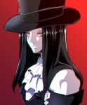 1other androgynous bare_shoulders black_hair choker guilty_gear guilty_gear_strive hat highres long_hair looking_at_viewer pale_skin piko_(osso) red_eyes smile solo testament_(guilty_gear) thigh_strap 