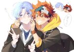  2boys blue_eyes blue_hair cheek_pinching hair_between_eyes hasegawa_langa headband highres hood hoodie jacket kyan_reki looking_at_viewer male_focus messy_hair multiple_boys open_mouth orange_eyes pinching redhead shirt short_hair sk8_the_infinity smile teeth translated uppi v white_background 