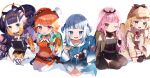  5girls :d absurdres animal_ears ao-chan_(ninomae_ina&#039;nis) backpack bag bangs black_dress black_gloves black_nails blonde_hair bloop_(gawr_gura) blue_choker blue_eyes blue_hair blue_hoodie blunt_bangs blush book bracer breasts brown_capelet brown_headwear brown_jacket brown_legwear brown_skirt capelet child choker closed_mouth collared_shirt commentary deerstalker detached_sleeves dress eyebrows_visible_through_hair food full_body gawr_gura gloves hair_ornament halo hat high-waist_skirt highres holding holding_book holding_food holding_magnifying_glass hololive hololive_english holomyth hood hoodie jacket long_hair long_sleeves looking_at_viewer low_wings magnifying_glass medium_hair midriff mori_calliope multicolored_hair multiple_girls nail_polish navel necktie ninomae_ina&#039;nis noi_mine one_eye_closed open_clothes open_jacket orange_hair orange_headwear orange_shirt orange_skirt pacifier parted_lips pink_hair pizza pizza_slice plaid plaid_skirt pointy_ears purple_hair red_eyes red_necktie see-through seiza shadow shark_hair_ornament sharp_teeth shirt shoes sidelocks silver_hair simple_background single_detached_sleeve single_thighhigh sitting skirt smile streaked_hair sunlight takanashi_kiara tako_(ninomae_ina&#039;nis) teeth tentacles thigh-highs two-tone_hair two_side_up upper_teeth veil very_long_hair violet_eyes virtual_youtuber watson_amelia white_background white_headwear white_legwear white_shirt wings younger 