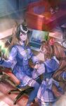  2girls animal_ears blue_eyes brown_hair candy chair character_doll coffee_table computer couch earrings eye_contact food gold_ship_(umamusume) highres horse_ears horse_girl horse_tail indoors jewelry laptop long_hair long_sleeves looking_at_another looking_at_viewer multicolored_hair multiple_girls office_chair paper pen pillow ponytail purple_legwear purple_shirt purple_skirt rug sailor_collar school_uniform shirt single_earring sitting skirt standing streaked_hair sunlight sweatdrop symboli_rudolf_(umamusume) table tail thigh-highs tokai_teio_(umamusume) tracen_school_uniform umamusume violet_eyes yoshida_(ne) 