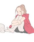  1girl absurdres blush brown_eyes brown_hair closed_mouth coat highres hugging_own_legs looking_at_viewer luimiart original pantyhose ponytail pout red_coat simple_background skull solo white_background white_legwear 