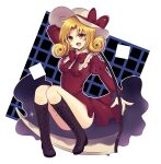  1girl absurdres blonde_hair boots bow bowtie breasts brown_footwear convenient_leg cross-laced_footwear curly_hair dress elly_(touhou) eyebrows_visible_through_hair full_body hat highres holding holding_scythe juliet_sleeves knee_boots long_sleeves looking_at_viewer medium_breasts open_mouth puffy_sleeves red_bow red_bowtie red_dress scythe subaru_(subachoco) sun_hat touhou touhou_(pc-98) white_headwear wide_sleeves yellow_eyes 