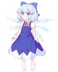  1girl barefoot blue_bow blue_dress blue_eyes blue_hair blush bow cirno closed_mouth collared_shirt detached_wings dress eyebrows_visible_through_hair fairy full_body hair_between_eyes hair_bow highres ice ice_wings puffy_short_sleeves puffy_sleeves rue_0908 shirt short_hair short_sleeves simple_background smile solo touhou white_background white_shirt wings 
