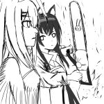  2girls animal_ears arknights bangs besekberkah blaze_(arknights) chainsaw chainsaw_man closed_mouth english_commentary eyebrows_visible_through_hair frostnova_(arknights) highres long_hair monochrome multiple_girls parody simple_background very_long_hair white_hair 