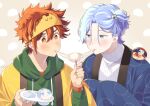  2boys blue_eyes blue_hair clothes eating food hair_between_eyes hair_ornament hasegawa_langa headband highres hood hoodie japanese_clothes kyan_reki looking_at_viewer male_focus messy_hair mochi multiple_boys orange_eyes redhead shirt short_hair simple_background sk8_the_infinity smile uppi 