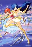  1990s_(style) 3girls armor asou_valna asou_yuuko bikini blue_hair boots bracer cham_(valis) company_name copyright dress floating_hair highres holding holding_staff holding_sword holding_weapon horns knee_boots long_hair long_pointy_ears miniskirt mugen_senshi_valis multiple_girls non-web_source official_art pauldrons pointy_ears red_scarf redhead retro_artstyle sandals scarf short_hair shoulder_armor silver_hair single_horn skirt staff strapless strapless_bikini swimsuit sword valis weapon yellow_skirt 