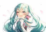  1girl :d aryuma772 bangs blue_hair elbow_gloves eyebrows_visible_through_hair floating_hair gloves grey_eyes hair_between_eyes hatsune_miku highres holding holding_hair long_hair open_mouth petals simple_background smile solo twintails upper_body very_long_hair vocaloid white_background white_gloves 
