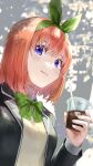  1girl absurdres bangs black_jacket blazer blue_eyes blush bow bowtie closed_mouth commentary_request cup disposable_cup drink eyebrows_behind_hair go-toubun_no_hanayome green_bow green_bowtie green_ribbon hair_between_eyes hair_ribbon highres holding holding_cup holding_drink ishiyuki00 jacket long_sleeves looking_at_viewer medium_hair nakano_yotsuba open_clothes open_jacket orange_hair plaid plaid_bow plaid_bowtie ribbon school_uniform shirt smile solo sweater_vest upper_body vest white_shirt yellow_vest 