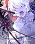  1girl black_sclera blue_pupils clothing_cutout collarbone colored_sclera covered_collarbone eyebrows_visible_through_hair fangs fate/grand_order fate_(series) grey_eyes hair_between_eyes open_mouth qing_yu saliva short_hair sketch slit_pupils solo tongue van_gogh_(fate) white_hair 