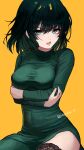  1girl bangs black_legwear blush bob_cut breasts crossed_arms dress fubuki_(one-punch_man) green_dress green_eyes green_hair impossible_clothes kiichirou large_breasts long_sleeves looking_at_viewer one-punch_man open_mouth orange_background short_hair simple_background solo sweatdrop thigh-highs 