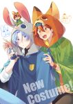  2boys animal_costume blue_eyes blue_hair bunny_costume fox_costume green_shirt hair_between_eyes hasegawa_langa highres kyan_reki looking_at_viewer male_focus messy_hair multiple_boys necktie open_mouth orange_eyes pants redhead shirt short_hair sk8_the_infinity smile tagme upper_body uppi white_background zootopia 