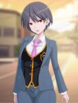  1girl akumara bangs blurry blurry_background breasts buttons collared_shirt evening eyebrows_visible_through_hair formal grey_hair grey_suit hair_between_eyes highres long_sleeves medium_breasts necktie open_mouth original pants pink_necktie red_eyes road shirt short_hair solo street suit tomboy tongue vest white_shirt 