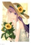  1girl absurdres bangs bare_shoulders blush dress eyebrows_visible_through_hair fingernails flower frilled_dress frills hat highres holding long_hair looking_at_viewer original page_number parted_lips purple_hair simple_background sleeveless solo sun_hat sunflower upper_body violet_eyes white_dress yashiro_seika 