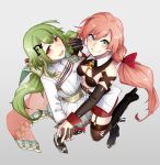  2girls alternate_costume aqua_eyes bangs black_footwear black_gloves blush boots breasts brown_gloves brown_legwear carcano_m1891_(girls&#039;_frontline) closed_mouth eyebrows_visible_through_hair from_above garter_straps girls_frontline gloves green_hair grey_background hair_ornament hair_ribbon hairclip highres holding_hands long_hair looking_at_viewer medium_breasts military military_uniform mk48_(girls&#039;_frontline) multiple_girls nakiusagi open_mouth pink_hair red_eyes red_shorts ribbon shorts single_glove smile standing standing_on_one_leg thigh-highs uniform white_uniform 