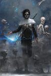  1girl black_hair bone bracelet cape cloak cover cover_page facepaint full_body harrow_the_ninth harrowhark_nonagesimus highres jewelry looking_at_viewer necromancer novel_cover official_art short_hair skeleton solo the_locked_tomb tommy_arnold weapon weapon_on_back white_cape white_cloak 