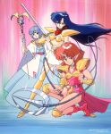  1990s_(style) asou_valna asou_yuuko bangs bikini blue_eyes blue_hair boots bracer cham_(valis) choker company_name copyright dress fang glint holding holding_staff holding_sword holding_weapon holding_whip horns knee_boots long_hair long_pointy_ears medium_hair mugen_senshi_valis non-web_source pink_footwear pointy_ears red_scarf redhead retro_artstyle scarf silver_hair single_horn squatting staff standing strapless strapless_bikini swimsuit sword two-handed valis weapon whip yellow_footwear 