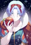  1boy apple blue_eyes blue_hair bow bowtie collarbone dress food fruit hair_between_eyes hair_ornament hasegawa_langa highres kyan_reki looking_at_viewer male_focus multiple_boys muscular shirt short_hair simple_background sk8_the_infinity smile snow_white tagme uppi 