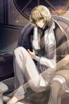  1boy bags_under_eyes blonde_hair chair full_body long_sleeves looking_at_viewer lude_(saibai_shounen) male_focus neuro48 official_art pants saibai_shounen second-party_source sitting solo sparkle yellow_eyes 
