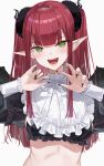  1girl 7gao bangs black_nails breasts cosplay demon_horns demon_wings eyebrows_visible_through_hair fangs frills highres horns kitagawa_marin light_blush long_hair long_pointy_ears long_sleeves looking_at_viewer open_mouth pointy_ears puffy_sleeves redhead rizu-kyun rizu-kyun_(cosplay) smile solo sono_bisque_doll_wa_koi_wo_suru twintails upper_body white_background wings 