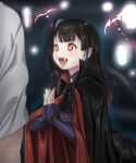  1boy 1girl bangs cape character_request copyright_request dress fangs forked_tongue happy one_side_up own_hands_together purple_dress red_eyes shirt slit_pupils smile tongue vampire white_shirt yozora 
