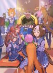  6+girls ^_^ admire_vega_(umamusume) animal_ears bangs beamed_eighth_notes blue_eyes blurry blush brown_footwear brown_hair bush character_request check_character closed_eyes crown ear_covers eighth_note el_condor_pasa_(umamusume) hand_on_own_chest highres horse_ears horse_girl horse_tail index_finger_raised jukebox long_hair long_sleeves looking_at_another maruzensky_(umamusume) meisho_doto_(umamusume) motion_lines multicolored_hair multiple_girls musical_note nice_nature_(umamusume) notice_lines one_eye_closed open_mouth orange_hair pom_pom_(cheerleading) ponytail purple_legwear purple_shirt purple_skirt sailor_collar school_uniform shirt short_hair silence_suzuka_(umamusume) sitting skirt smile sparkle special_week_(umamusume) standing streaked_hair sweat t.m._opera_o_(umamusume) tail thigh-highs tokai_teio_(umamusume) tracen_school_uniform trembling twin_turbo_(umamusume) twintails two-tone_hair umamusume yoshida_(ne) 